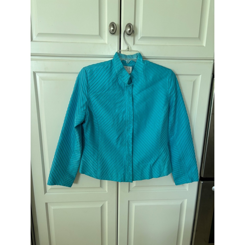 Silk‎ Club Collection Turquoise Blue 100% Silk Pleated Mock Neck Jacket Medium